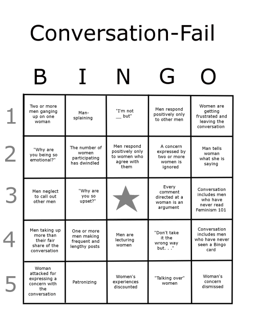 Conversation-Fail Bingo, a.k.a Mainsplaining Bingo, a.k.a. Bingo Card for Troubles with Online Communication Between Men and Woman