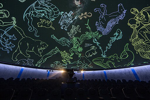 Image of a planetarium screen that shows a variety of figures outlined in light. 