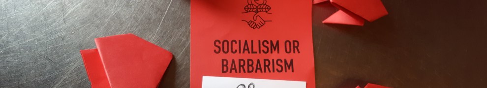 Four origami frogs surrounding a red card that originally read "Socialism or Barbarism" -- the remaining text is obscured by a paper that says OR FROGS!